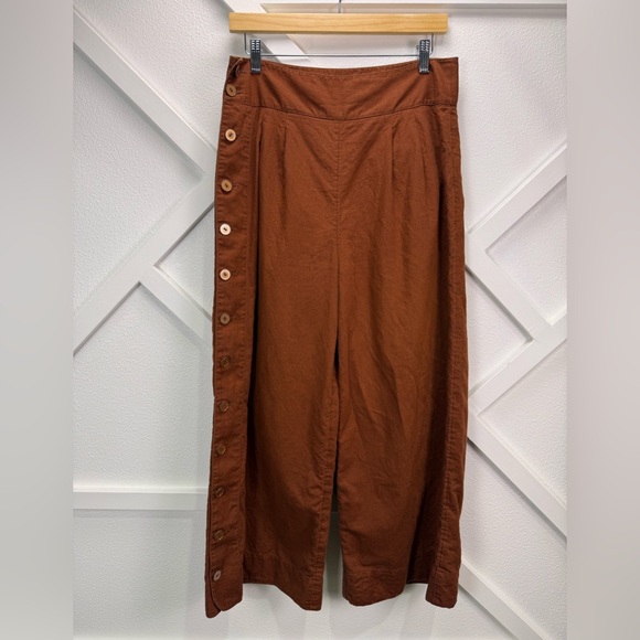 Anthropologie Linen Blend Button Side Wide Leg Pants US 6 Rust Brown - Picture 1 of 12